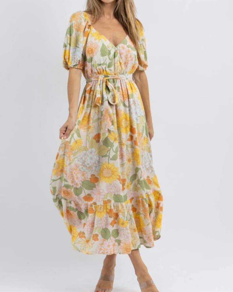 Front of a model wearing a size L Society Street Bloom Maxi Dress In Yellow in Yellow by DRESS FORUM. | dia_product_style_image_id:357780